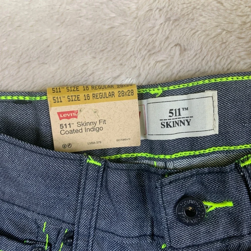 Levis 511‎ Skinny Fit Coated Indigo Neon Green Stitch Jeans 16 Reg 28x28 NEW